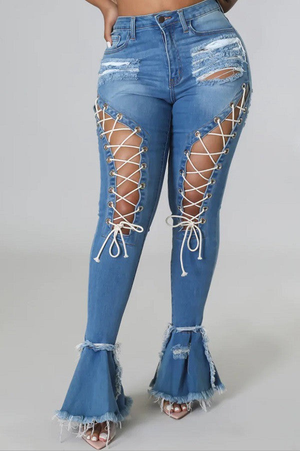 Lace Up Bellbottom Jeans - Plus size available